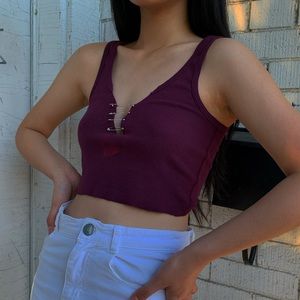 SAFETY PIN CROP TOP IN PLUM RED| Fit S/M